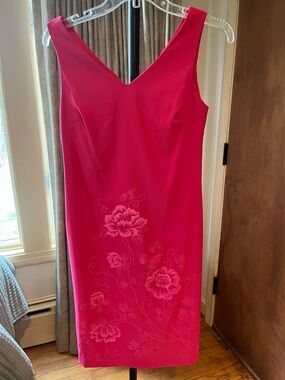 CDC Fuchsia V-Neck Midi Dress with Tonal Floral Embroidery